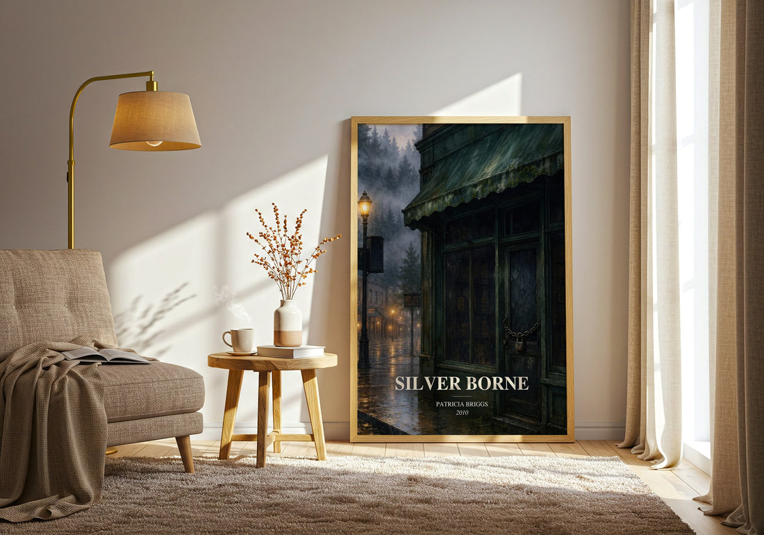 Silver Borne watercolour print in frame leaning in hallway – fantasy wall art (mockup)