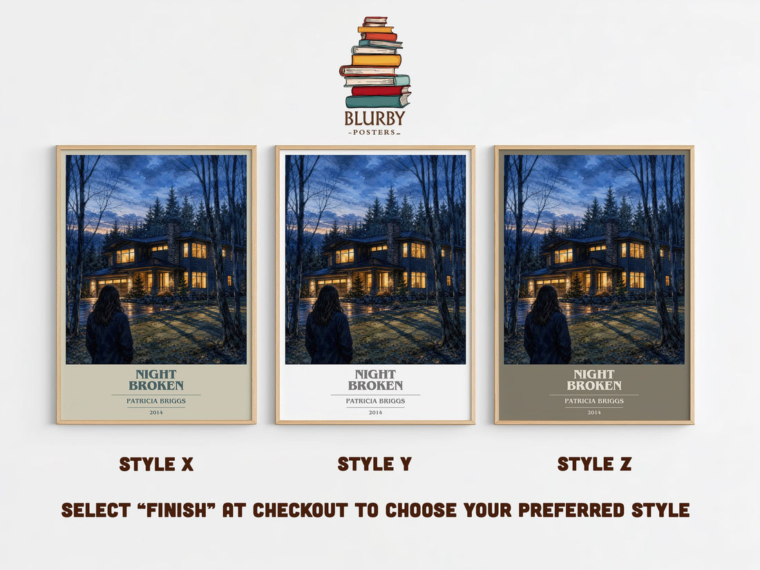 Night Broken book cover print in frame leaning in hallway – fantasy wall art (mockup)