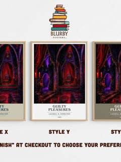Guilty Pleasures book cover print in frame leaning in hallway – fantasy wall art