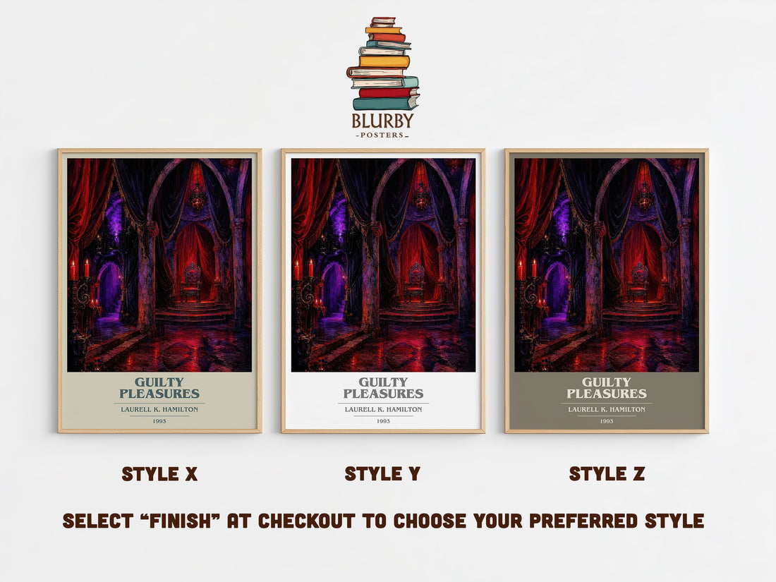 Guilty Pleasures book cover print in frame leaning in hallway – fantasy wall art (mockup)
