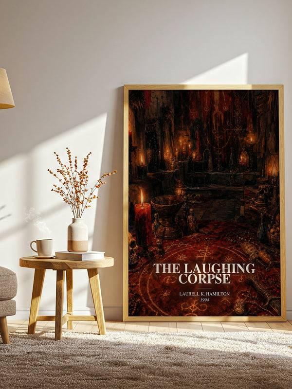 The Laughing Corpse watercolour print in frame leaning in hallway – horror wall art