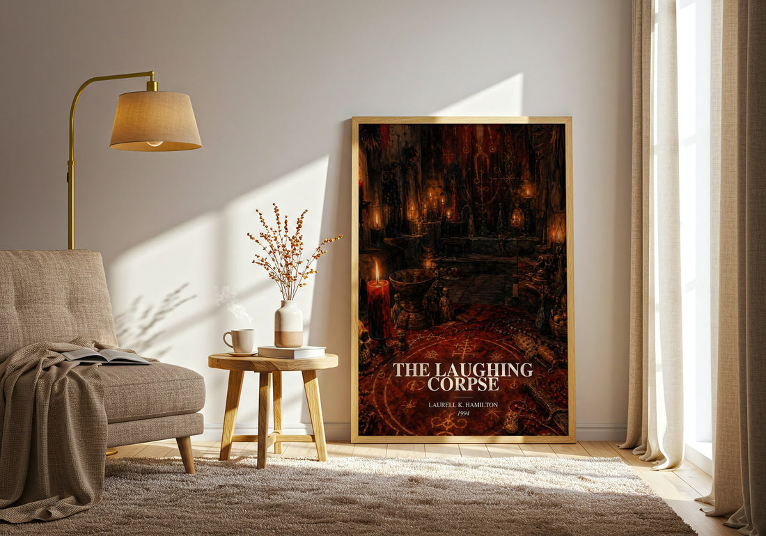 The Laughing Corpse watercolour print in frame leaning in hallway – horror wall art (mockup)