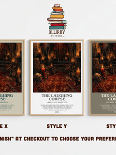 The Laughing Corpse bookish print in frame leaning in hallway – horror wall art