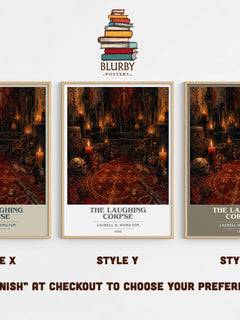 The Laughing Corpse book cover print in frame leaning in hallway – horror wall art