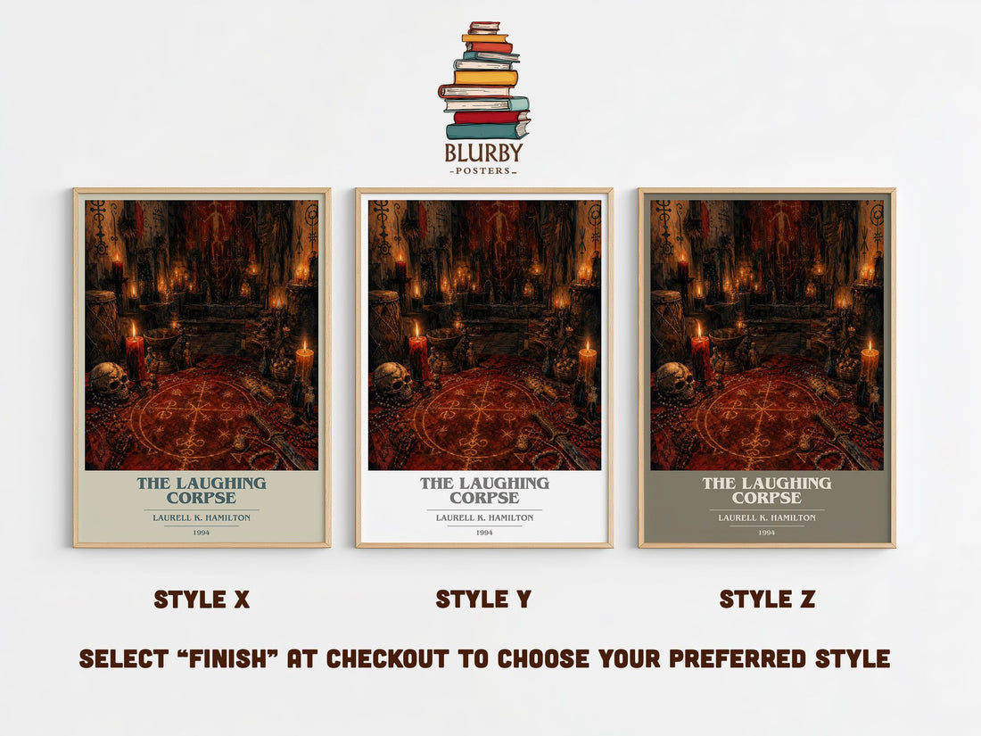The Laughing Corpse book cover print in frame leaning in hallway – horror wall art (mockup)