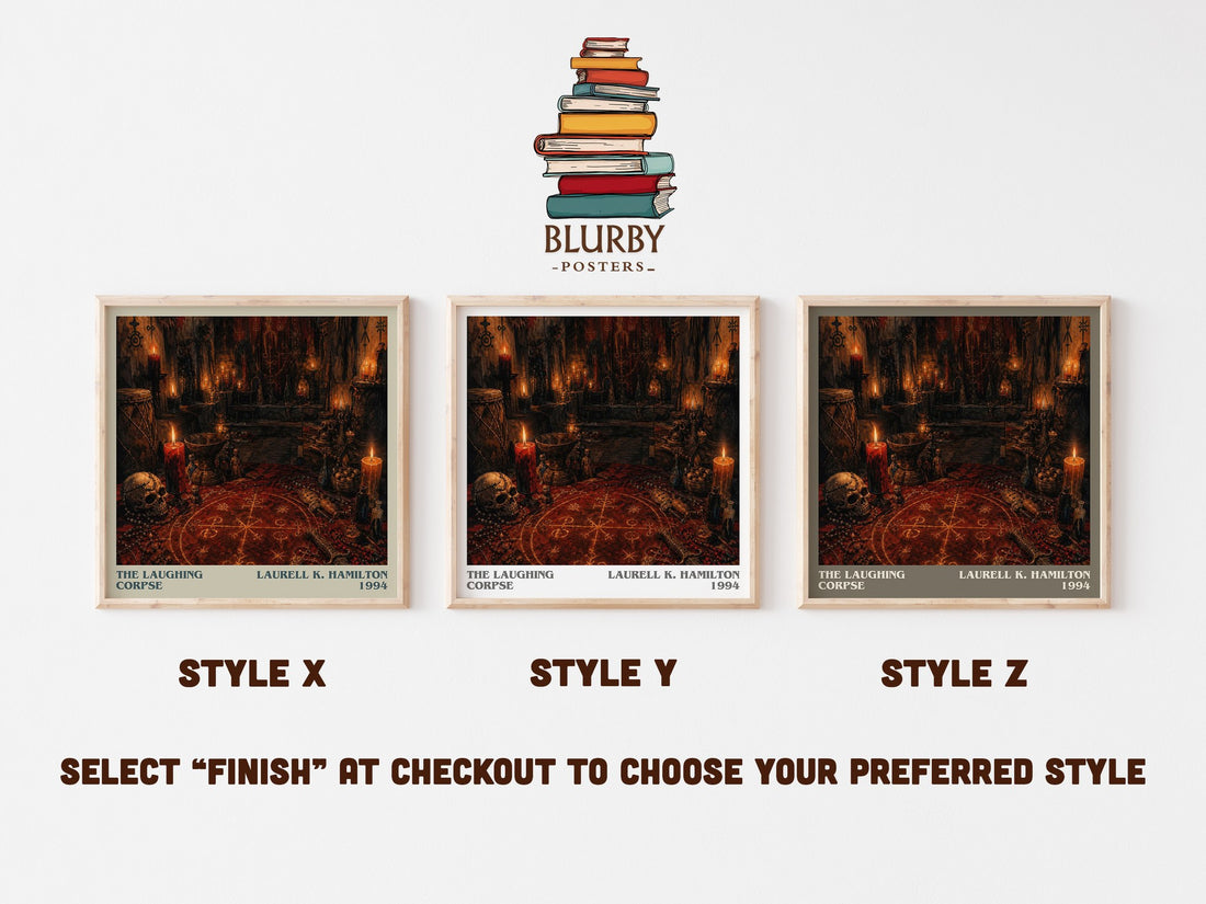 The Laughing Corpse literary print in frame leaning in hallway – horror wall art (mockup)