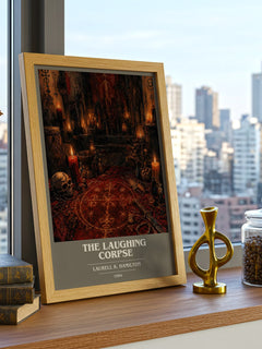 The Laughing Corpse book cover print framed by window – literary home decor