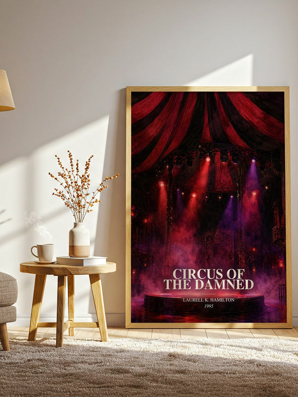 Circus of the Damned watercolour print in frame leaning in hallway – horror wall art