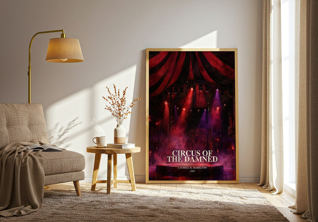 Circus of the Damned watercolour print in frame leaning in hallway – horror wall art (mockup)