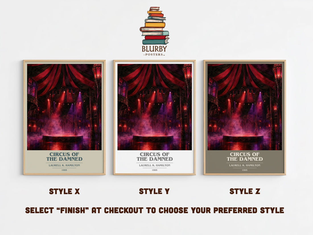 Circus of the Damned book cover print in frame leaning in hallway – horror wall art (mockup)