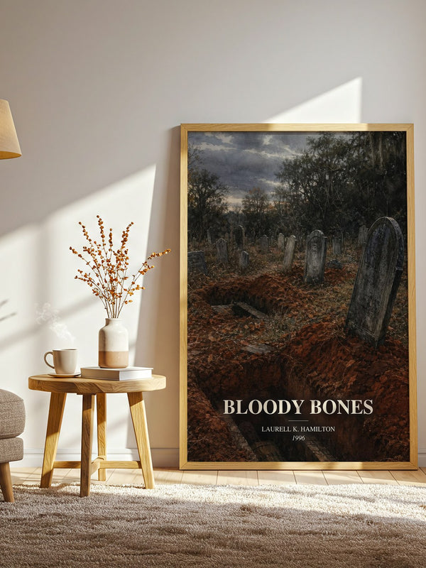 Bloody Bones watercolour print in frame leaning in hallway – fantasy wall art