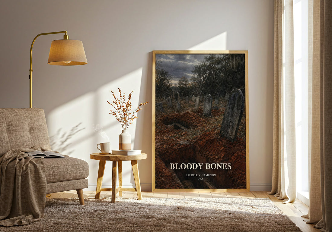 Bloody Bones watercolour print in frame leaning in hallway – fantasy wall art (mockup)