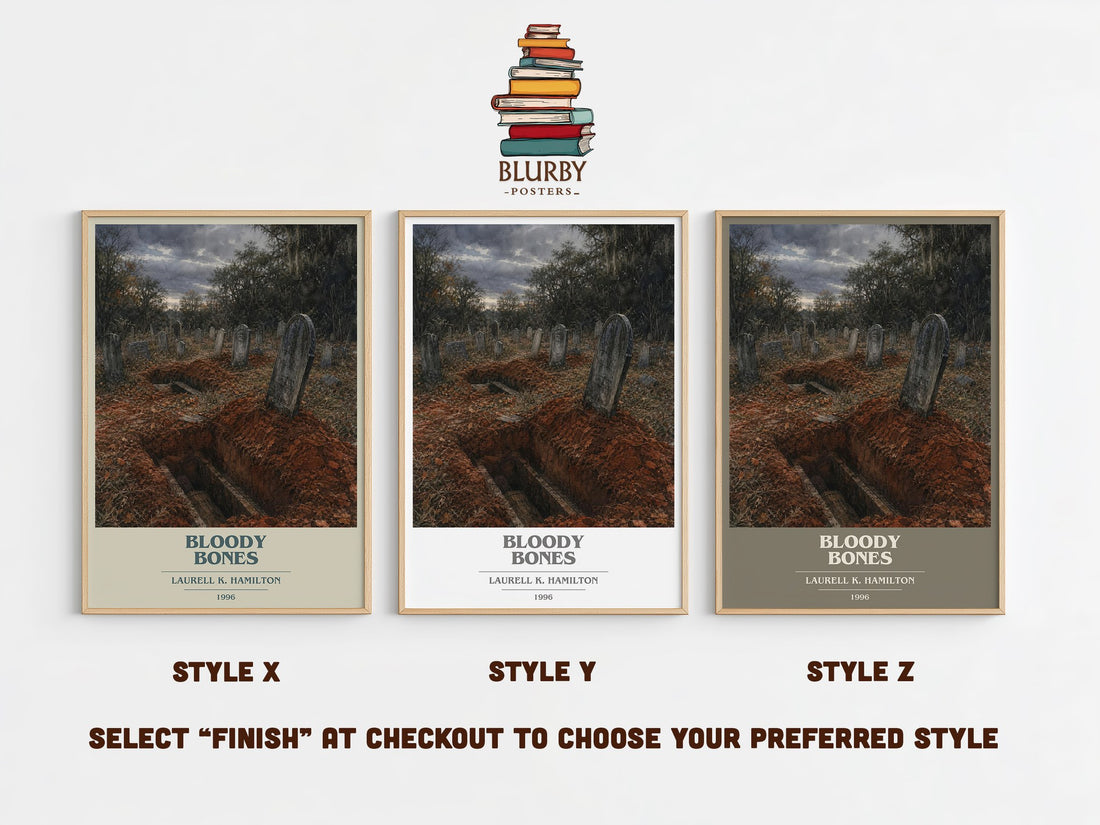 Bloody Bones book cover print in frame leaning in hallway – fantasy wall art (mockup)