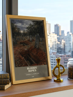 Bloody Bones book cover print framed by window – literary home decor