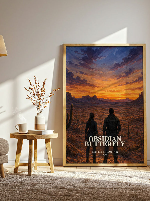 Obsidian Butterfly watercolour print in frame leaning in hallway – horror wall art
