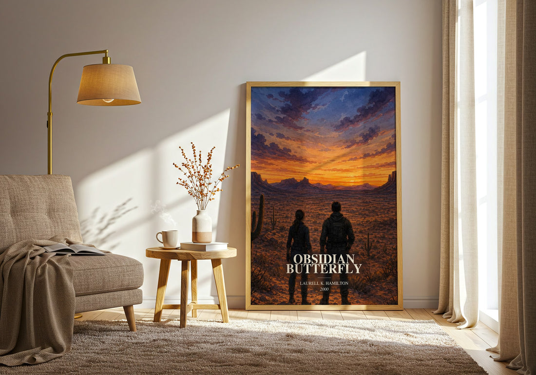 Obsidian Butterfly watercolour print in frame leaning in hallway – horror wall art (mockup)