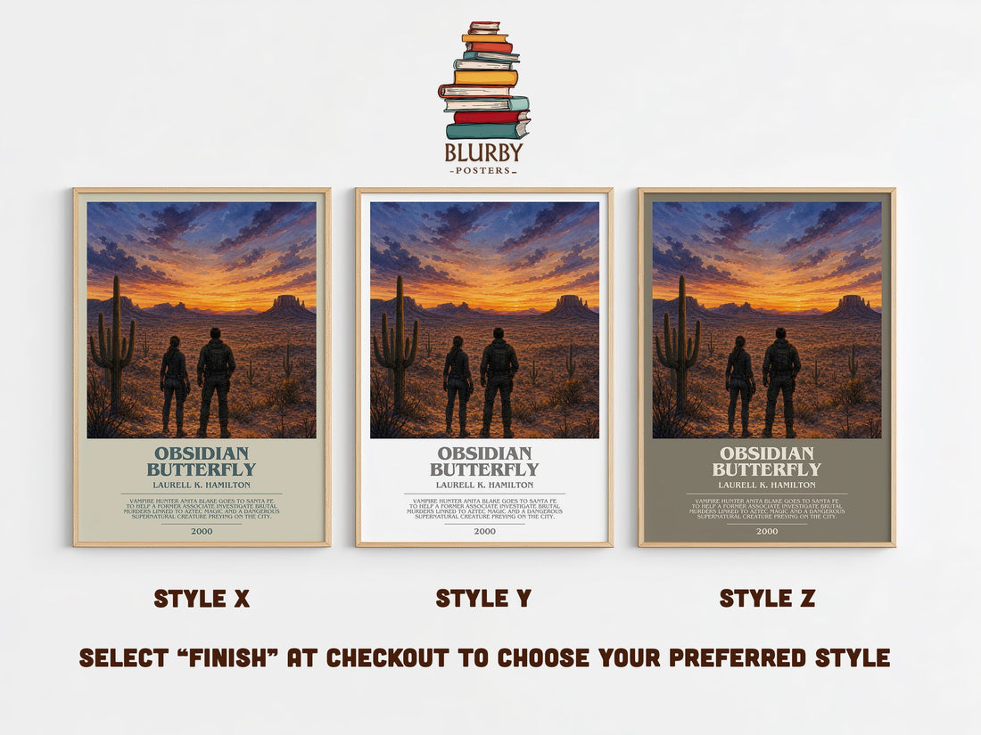 Obsidian Butterfly bookish print in frame leaning in hallway – horror wall art (mockup)