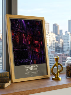 Narcissus in Chains book cover print framed by window – literary home decor