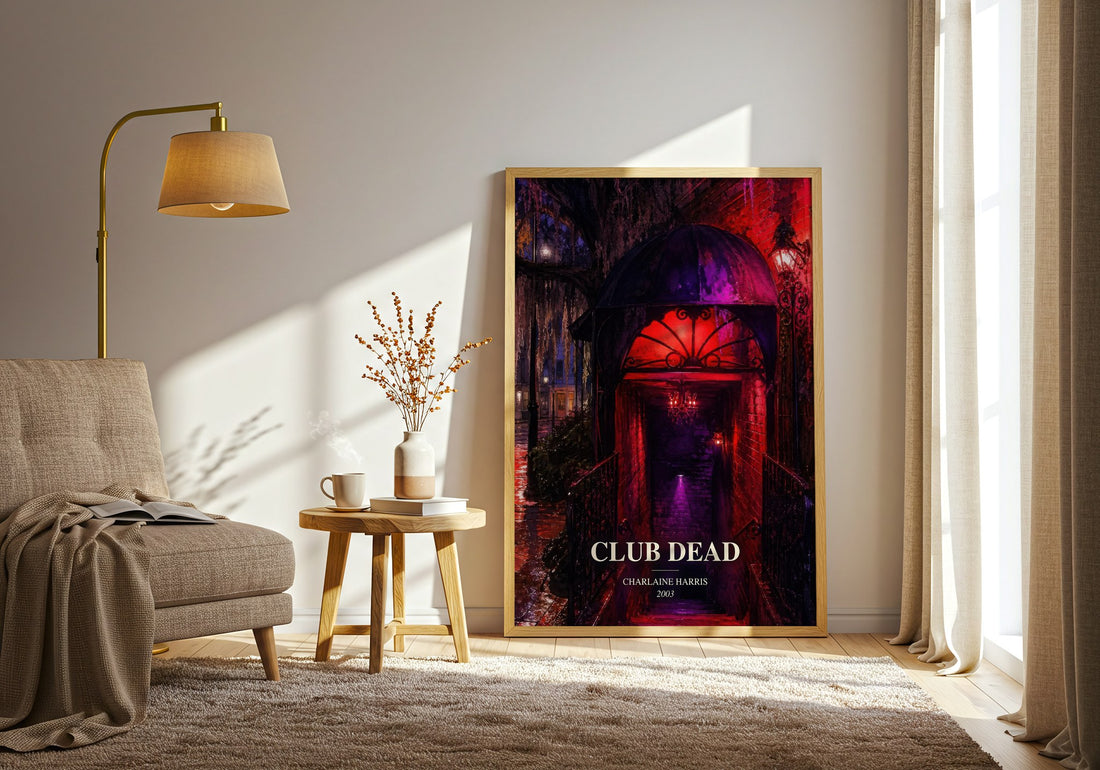 Club Dead watercolour print in frame leaning in hallway – fantasy wall art (mockup)