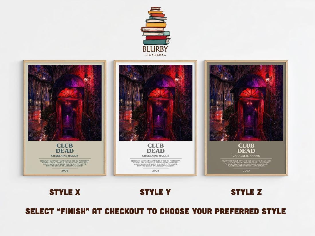 Club Dead bookish print in frame leaning in hallway – fantasy wall art (mockup)