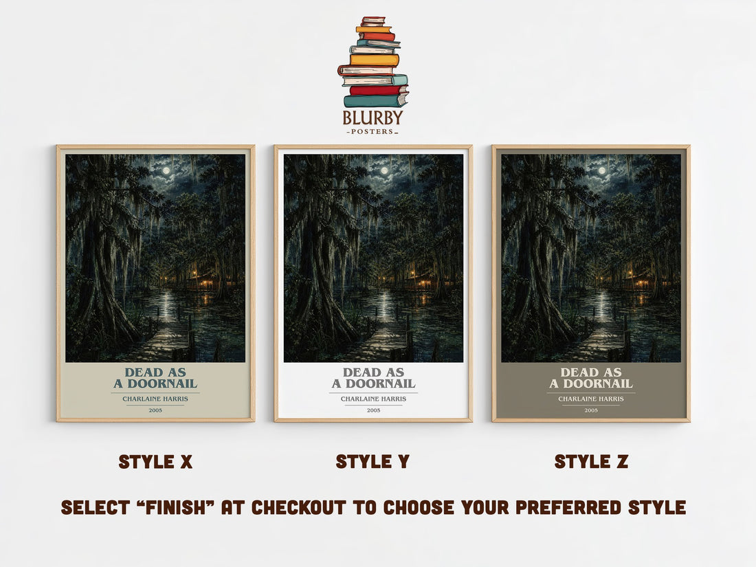 Dead as a Doornail book cover print in frame leaning in hallway – fantasy wall art (mockup)