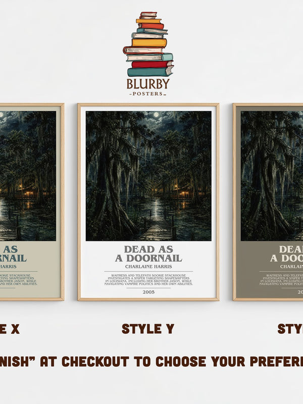 Dead as a Doornail bookish print in frame leaning in hallway – fantasy wall art