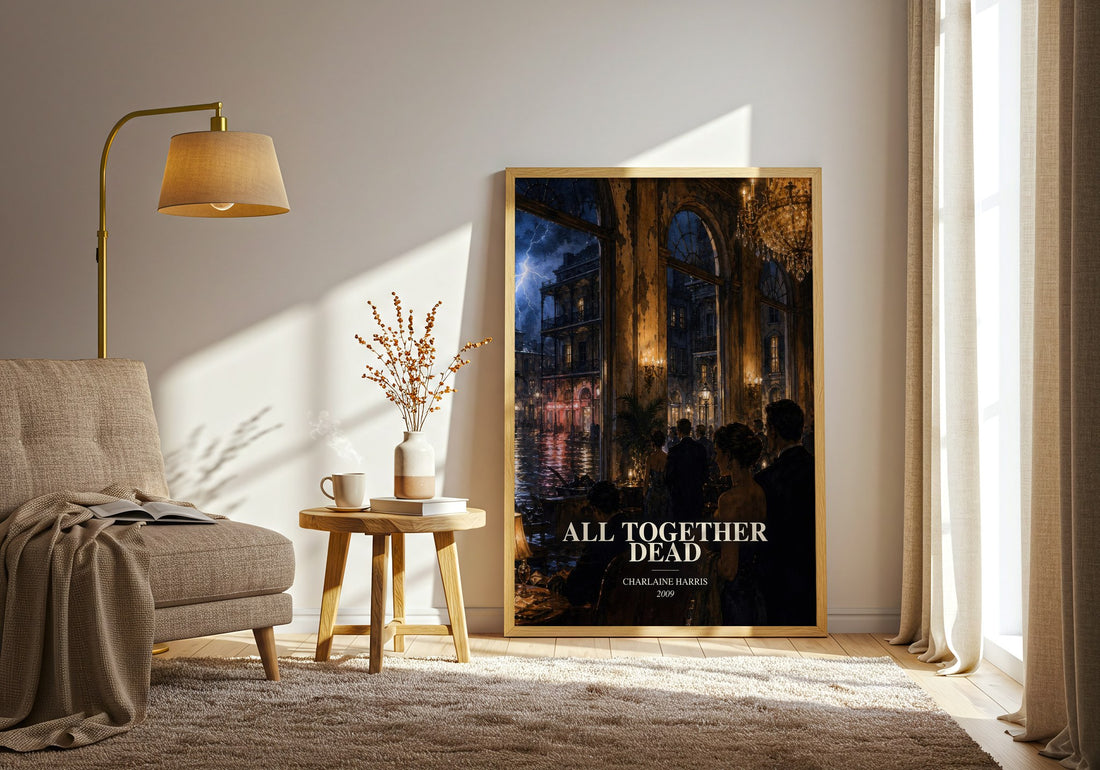 All Together Dead watercolour print in frame leaning in hallway – fantasy wall art (mockup)
