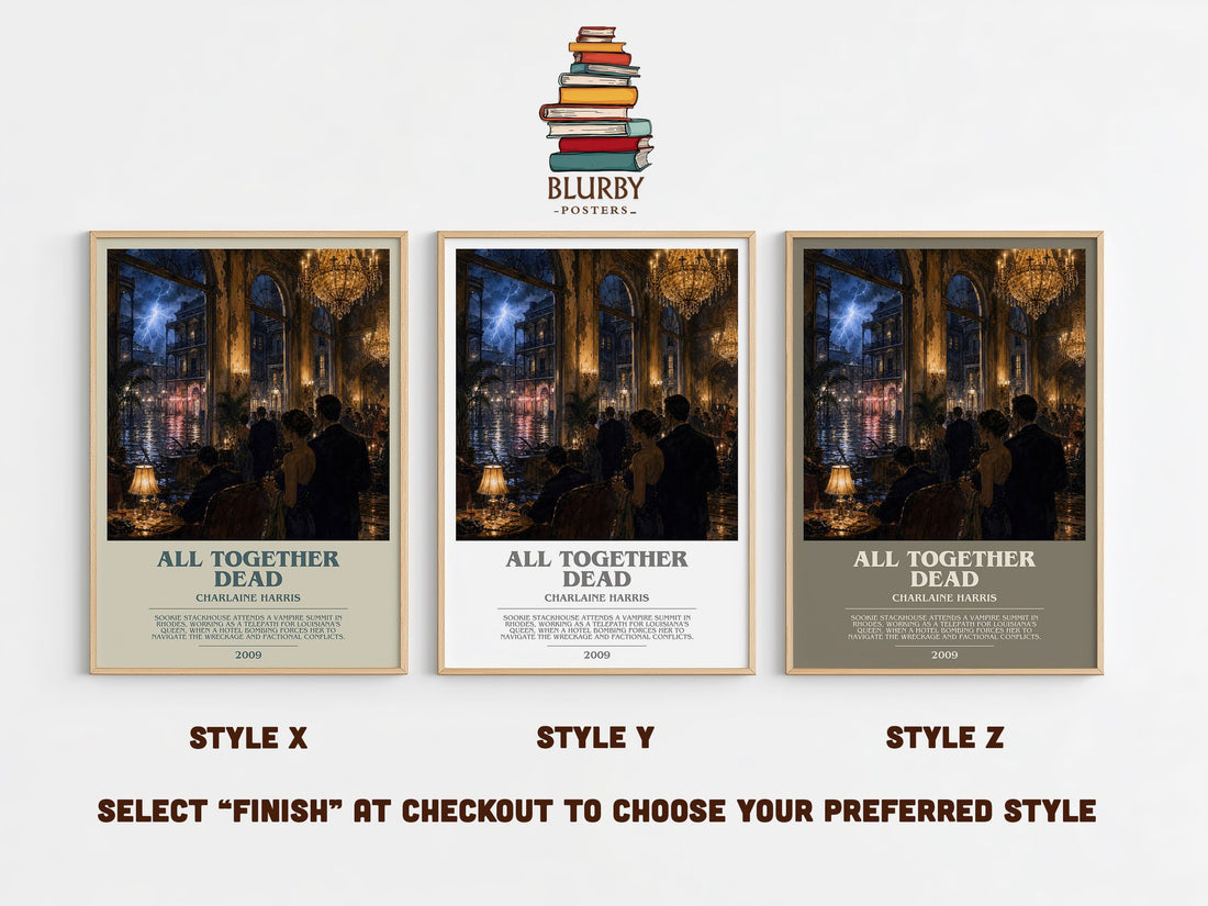 All Together Dead bookish print in frame leaning in hallway – fantasy wall art (mockup)