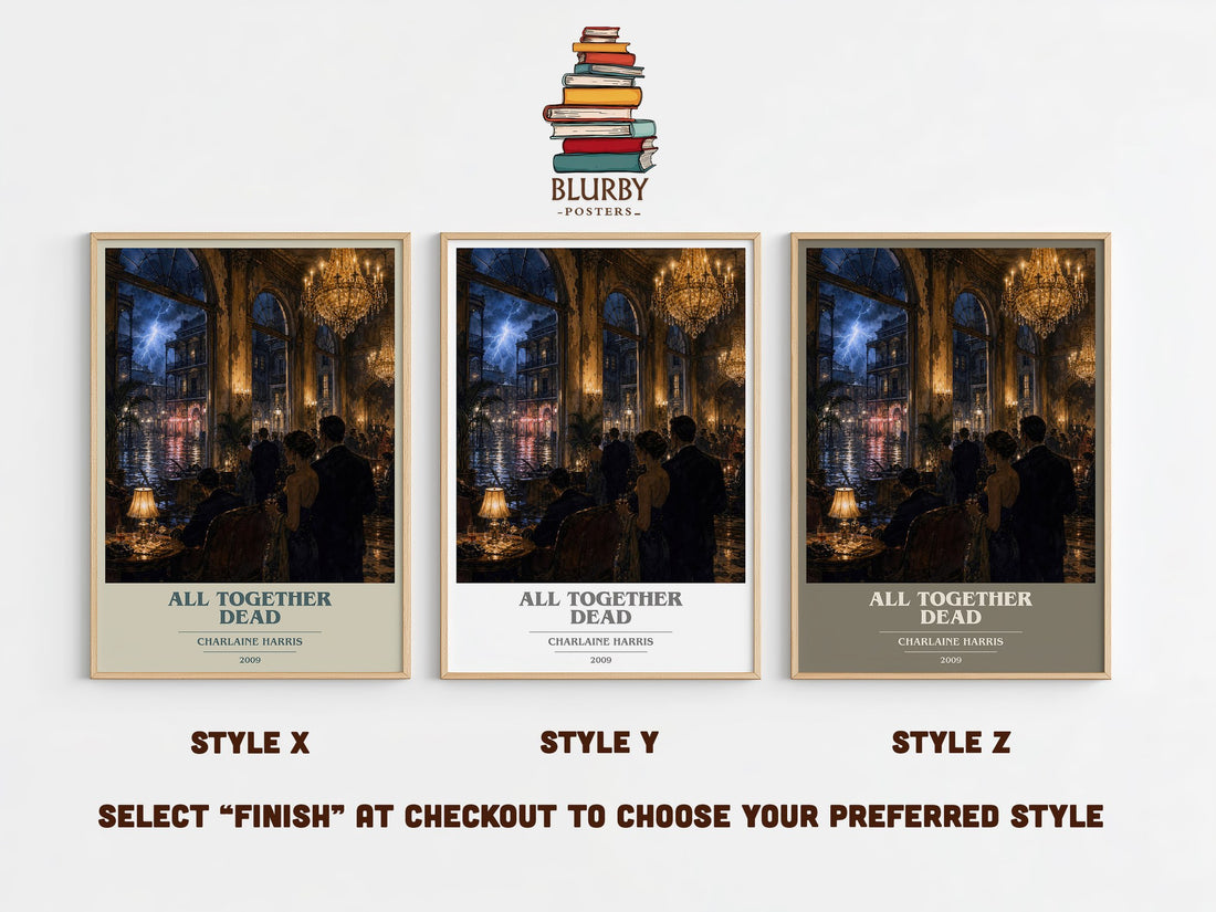 All Together Dead book cover print in frame leaning in hallway – fantasy wall art (mockup)