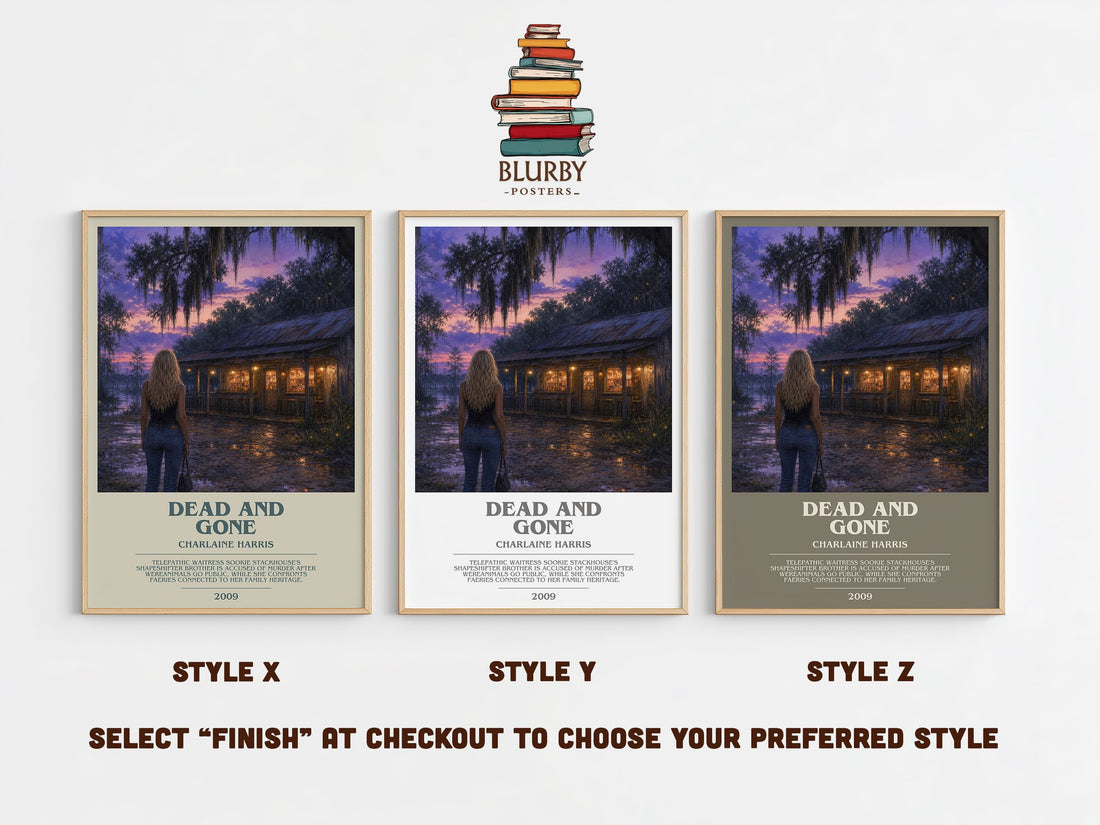 Dead and Gone bookish print in frame leaning in hallway – fantasy wall art (mockup)