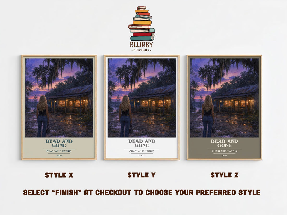 Dead and Gone book cover print in frame leaning in hallway – fantasy wall art (mockup)