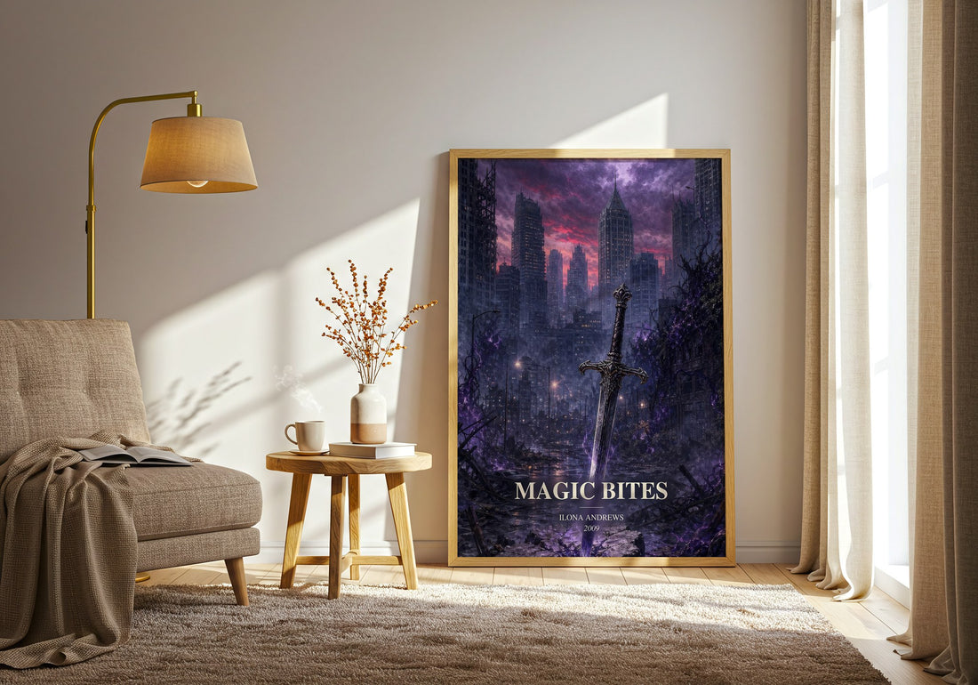 Magic Bites watercolour print in frame leaning in hallway – fantasy wall art (mockup)