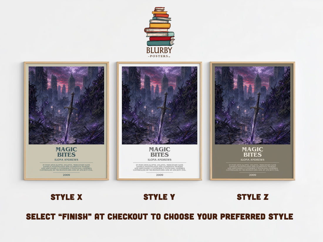 Magic Bites bookish print in frame leaning in hallway – fantasy wall art (mockup)