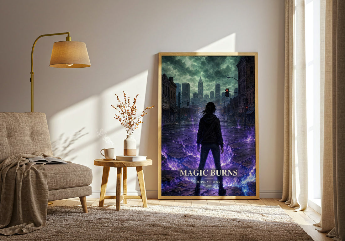 Magic Burns watercolour print in frame leaning in hallway – fantasy wall art (mockup)