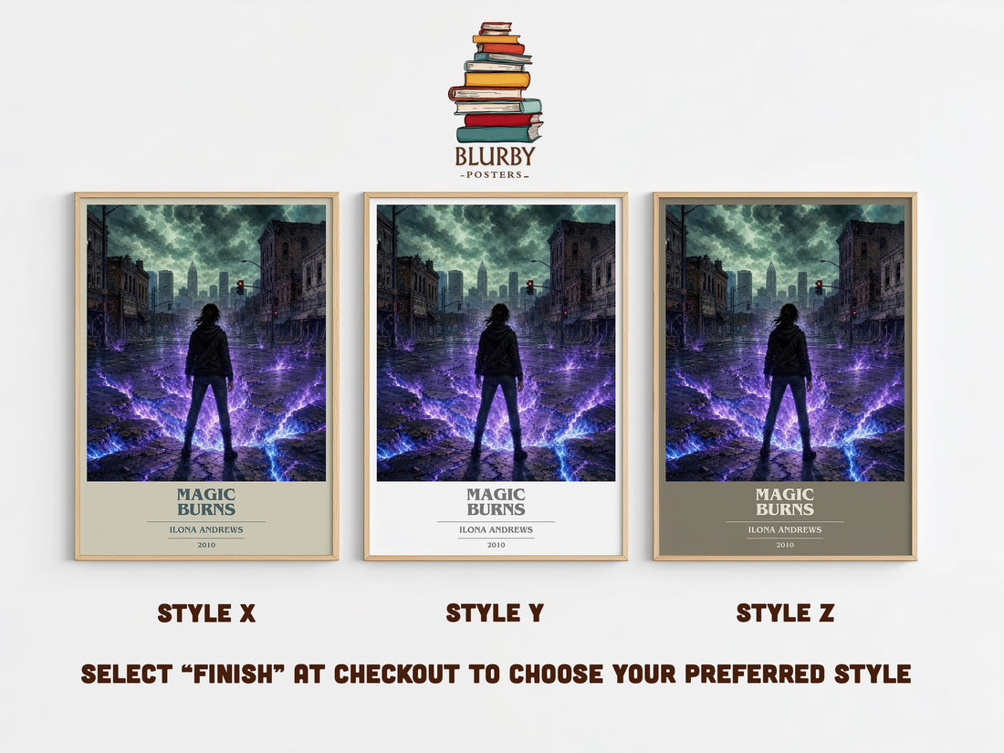 Magic Burns book cover print in frame leaning in hallway – fantasy wall art (mockup)
