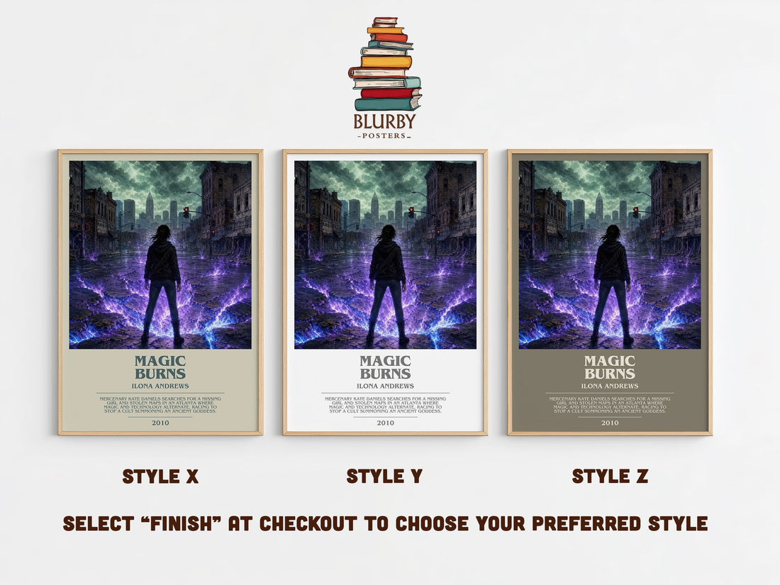 Magic Burns bookish print in frame leaning in hallway – fantasy wall art (mockup)