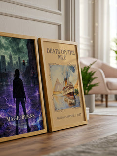 Magic Burns watercolour print framed by window – literary home decor