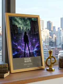 Magic Burns book cover print framed by window – literary home decor