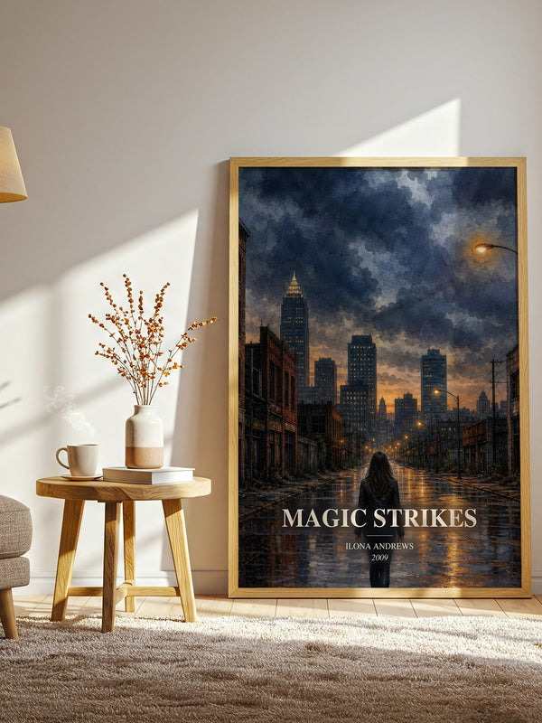 Magic Strikes watercolour print in frame leaning in hallway – fantasy wall art
