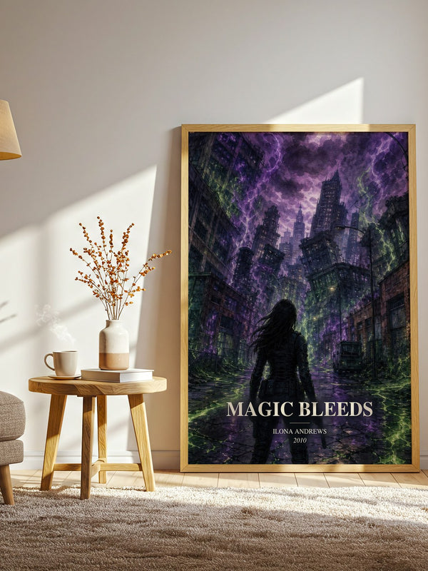 Magic Bleeds watercolour print in frame leaning in hallway – fantasy wall art