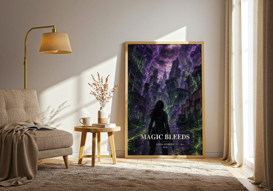 Magic Bleeds watercolour print in frame leaning in hallway – fantasy wall art (mockup)