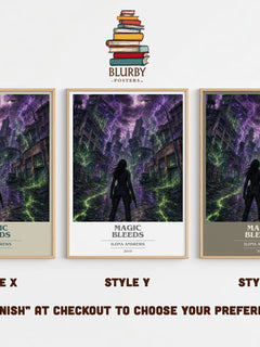 Magic Bleeds book cover print in frame leaning in hallway – fantasy wall art
