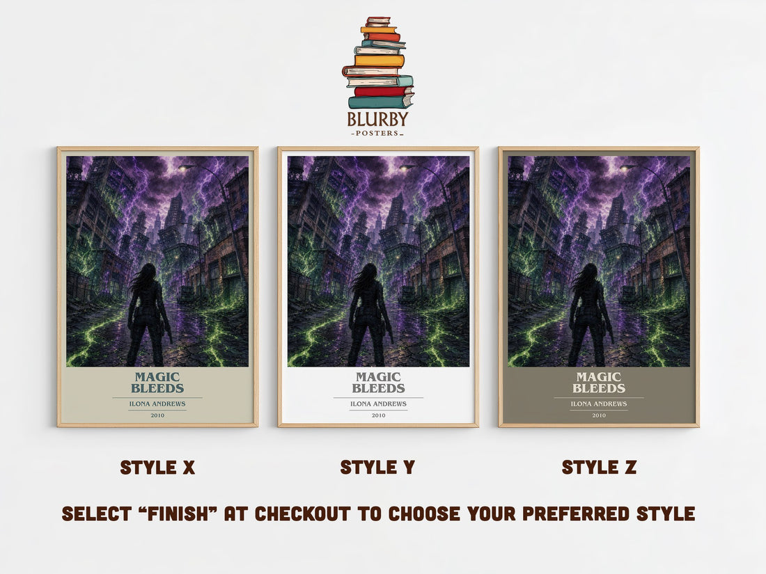 Magic Bleeds book cover print in frame leaning in hallway – fantasy wall art (mockup)