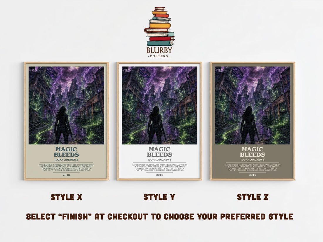 Magic Bleeds bookish print in frame leaning in hallway – fantasy wall art (mockup)