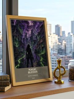 Magic Bleeds book cover print framed by window – literary home decor