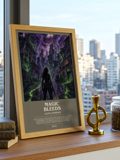 Magic Bleeds bookish print framed by window – literary home decor