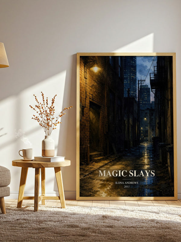 Magic Slays watercolour print in frame leaning in hallway – fantasy wall art