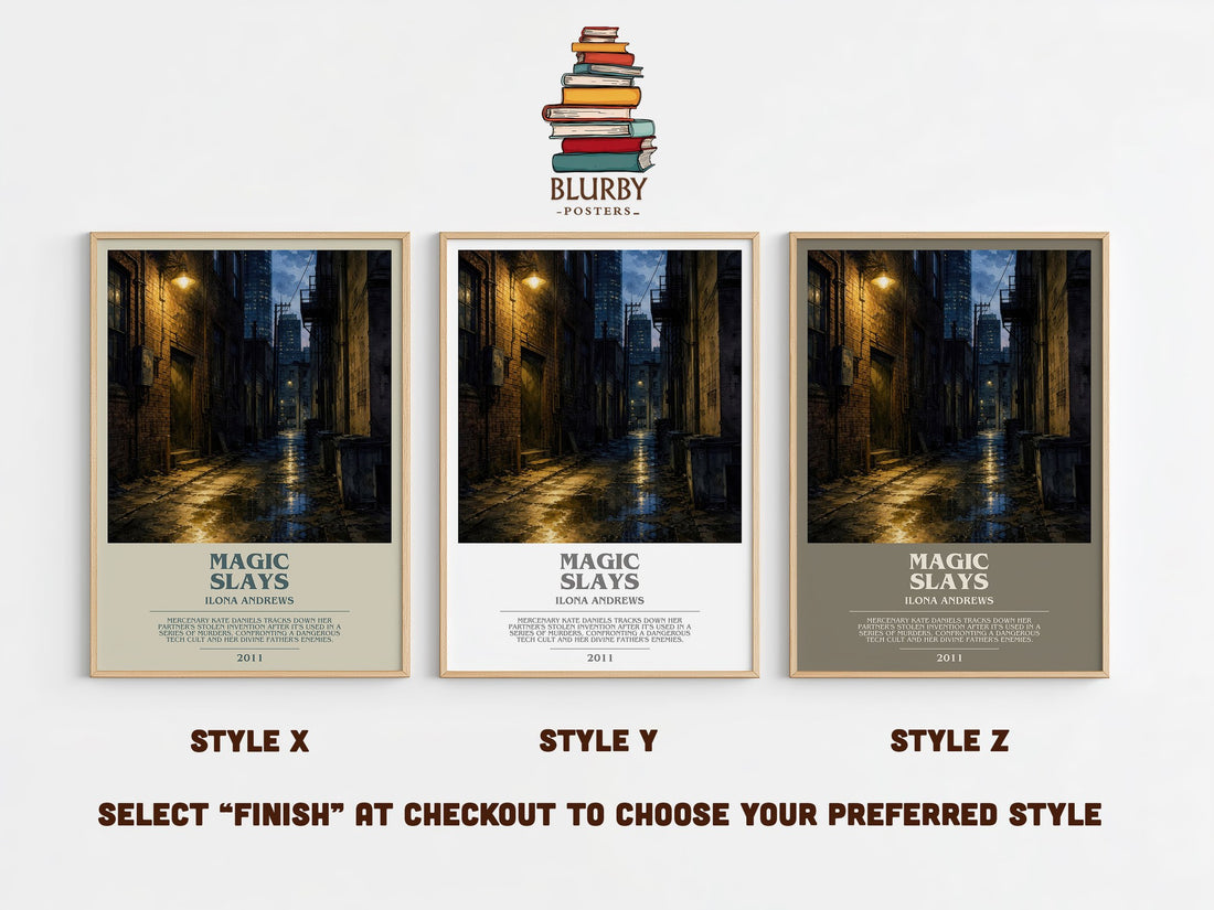 Magic Slays bookish print in frame leaning in hallway – fantasy wall art (mockup)