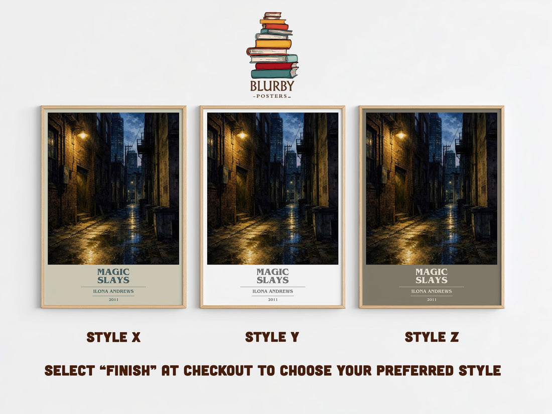 Magic Slays book cover print in frame leaning in hallway – fantasy wall art (mockup)