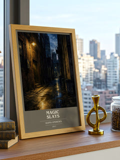 Magic Slays book cover print framed by window – literary home decor